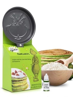 The Grinch Holiday round pancake pan with pancake mix and .03 oz & coloring new